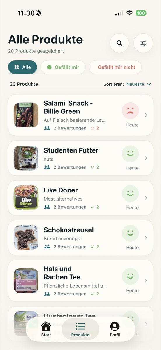 Produktliste mit Filtern und Bewertungen