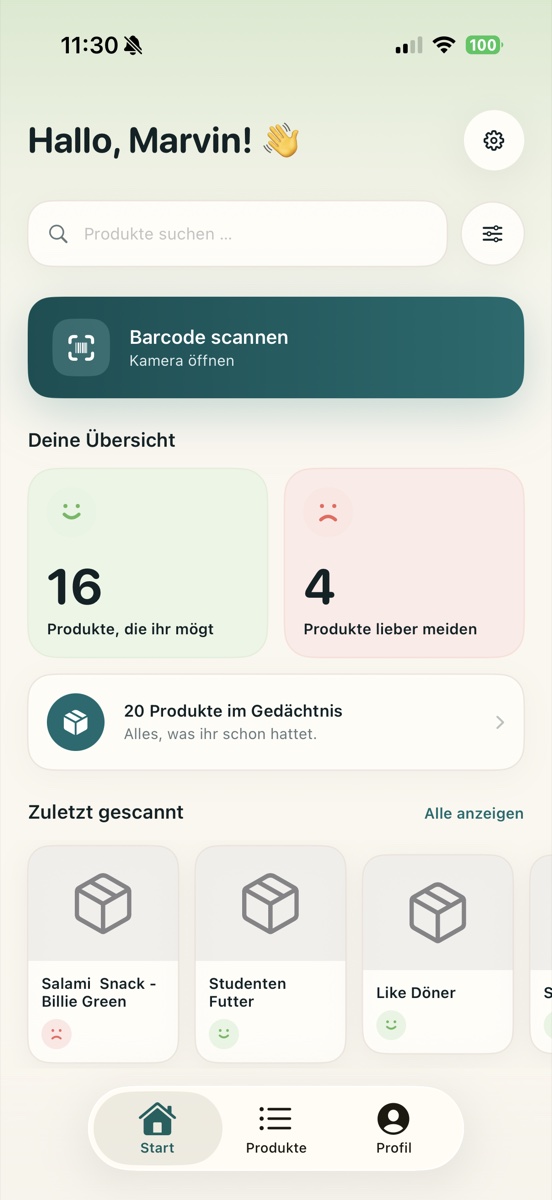 Startbildschirm von Das' Gut mit Suche, Barcode-Scanner und Produktübersicht